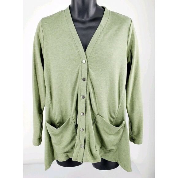 LOGO By Lori Goldstein Snap Slouch Cardigan Sage Green Pockets French Terry S - Picture 1 of 3